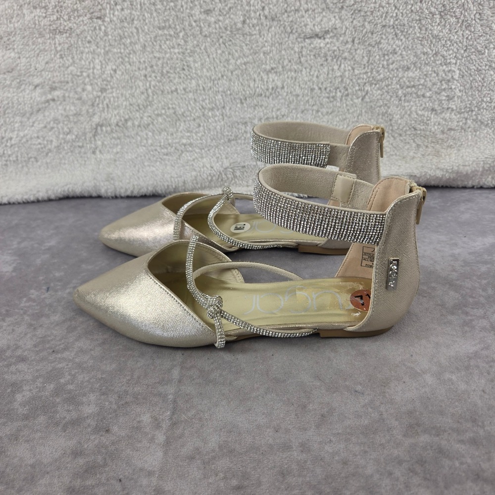 Sugar Womens Gold Metallic Rhinestone Ankle Strap Pointed Toe Flats Size 7.5M